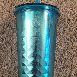 Starbucks 2015 Metallic Foil Teal Blue Diamind Acrylic 24 oz tumbler. CRACKED
